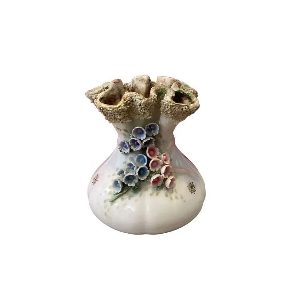 Vintage Lefton China Hand-Painted Floral Applique Vase 3D Art